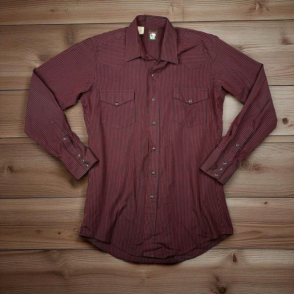 Vintage Karman Shirt Men's Large Western Pearl Snap Red Striped Size XL
